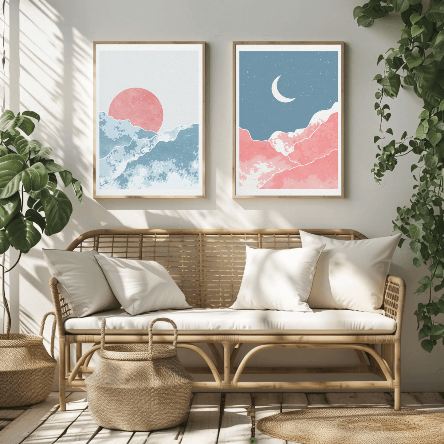 Moon Rise and Sunset Sky Wall Art- Set of 2