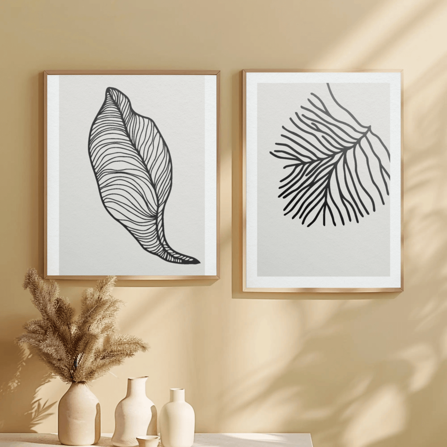 Zen Blossoms Minimalistic Leaf Wall Art- Set of 2