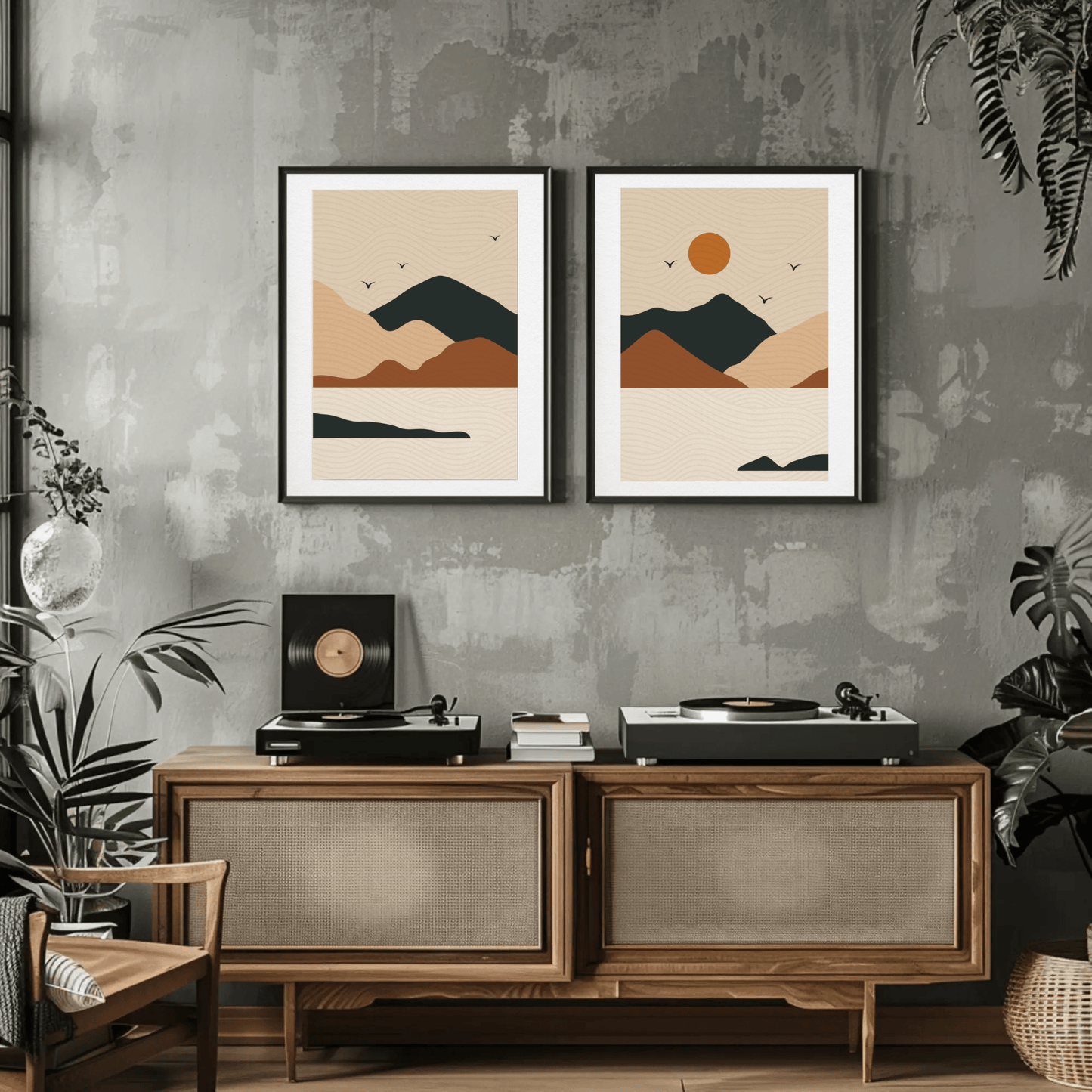 Serene Mountain River Sunrise Wall Art- Set of 2