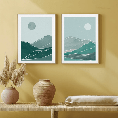 Bluish Hues Sun and Moon Sky Wall Art- Set of 2