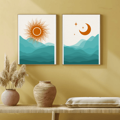 Beaming Sun and Moon Rise Landscape Wall Art- Set of 2