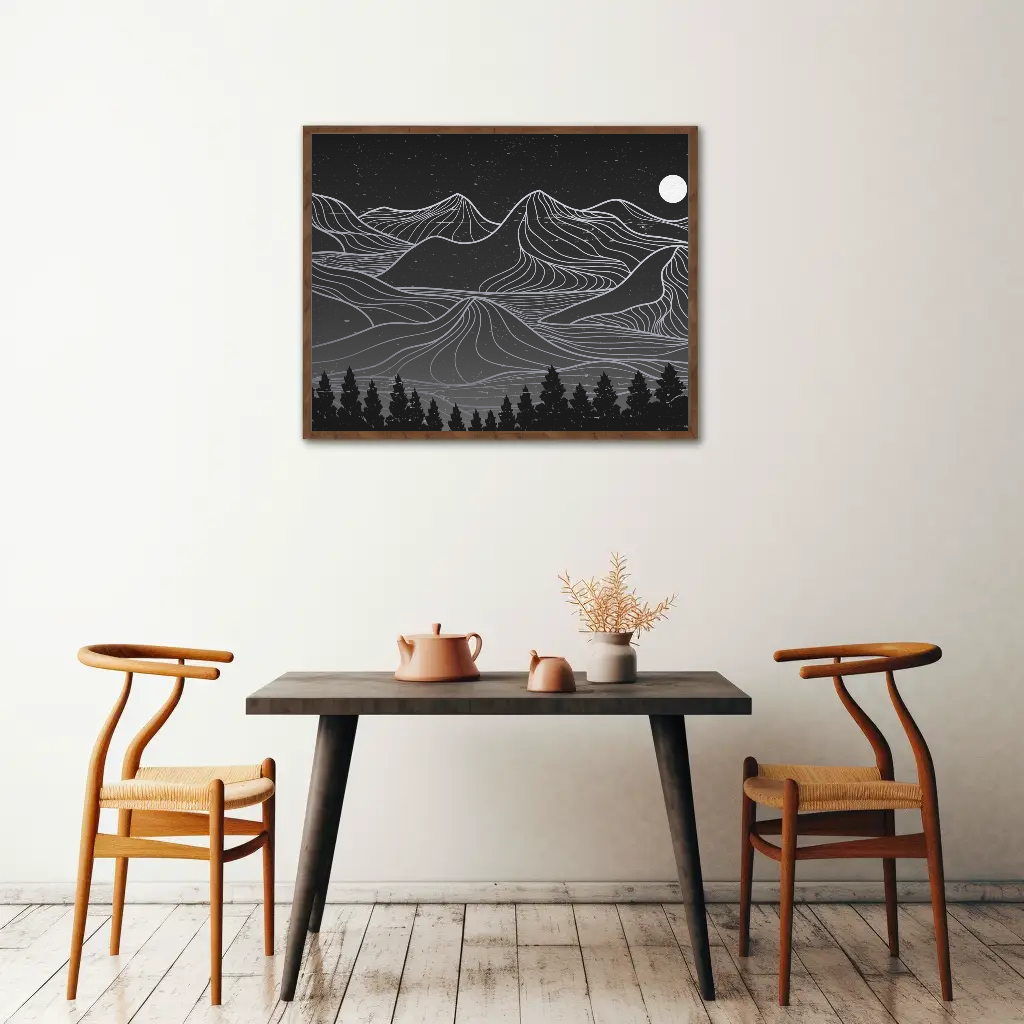 Mountain Range Black and White Line Art Wall Art