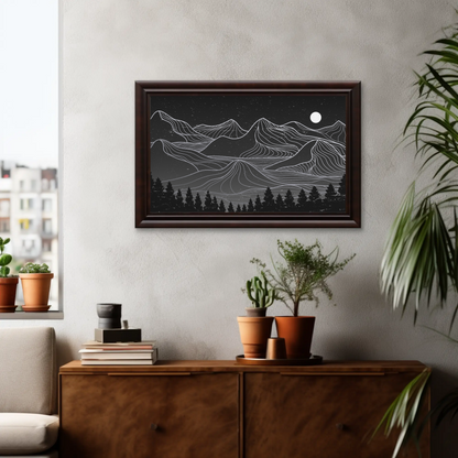 Mountain Range Black and White Line Art Wall Art