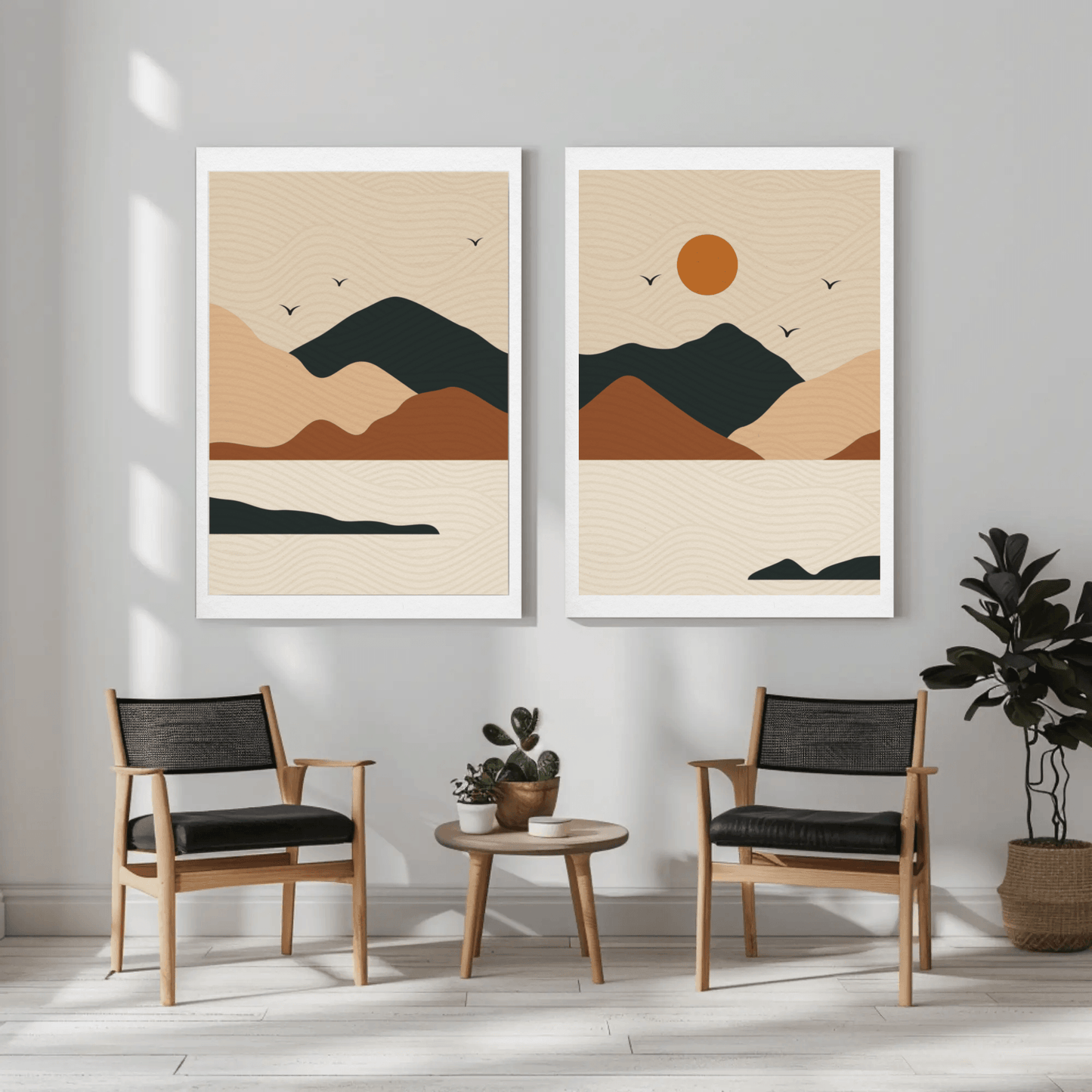 Serene Mountain River Sunrise Wall Art- Set of 2