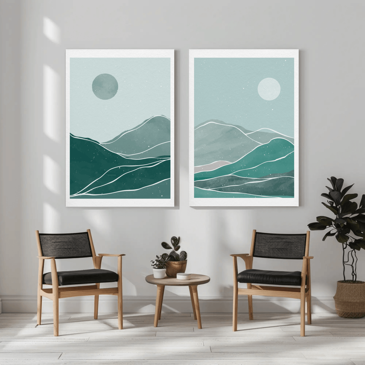 Bluish Hues Sun and Moon Sky Wall Art- Set of 2