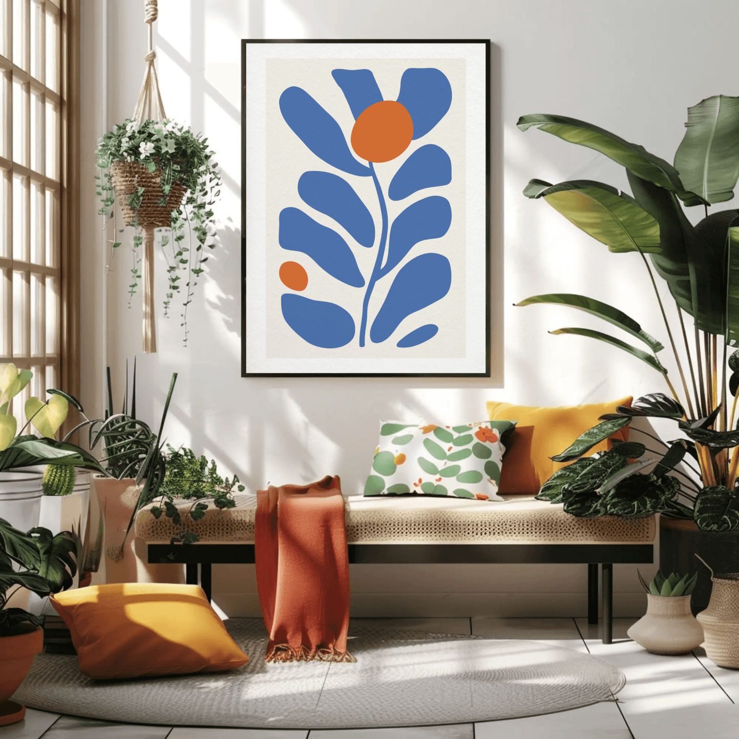 Simplistic Blue Leaf Contour Wall Art