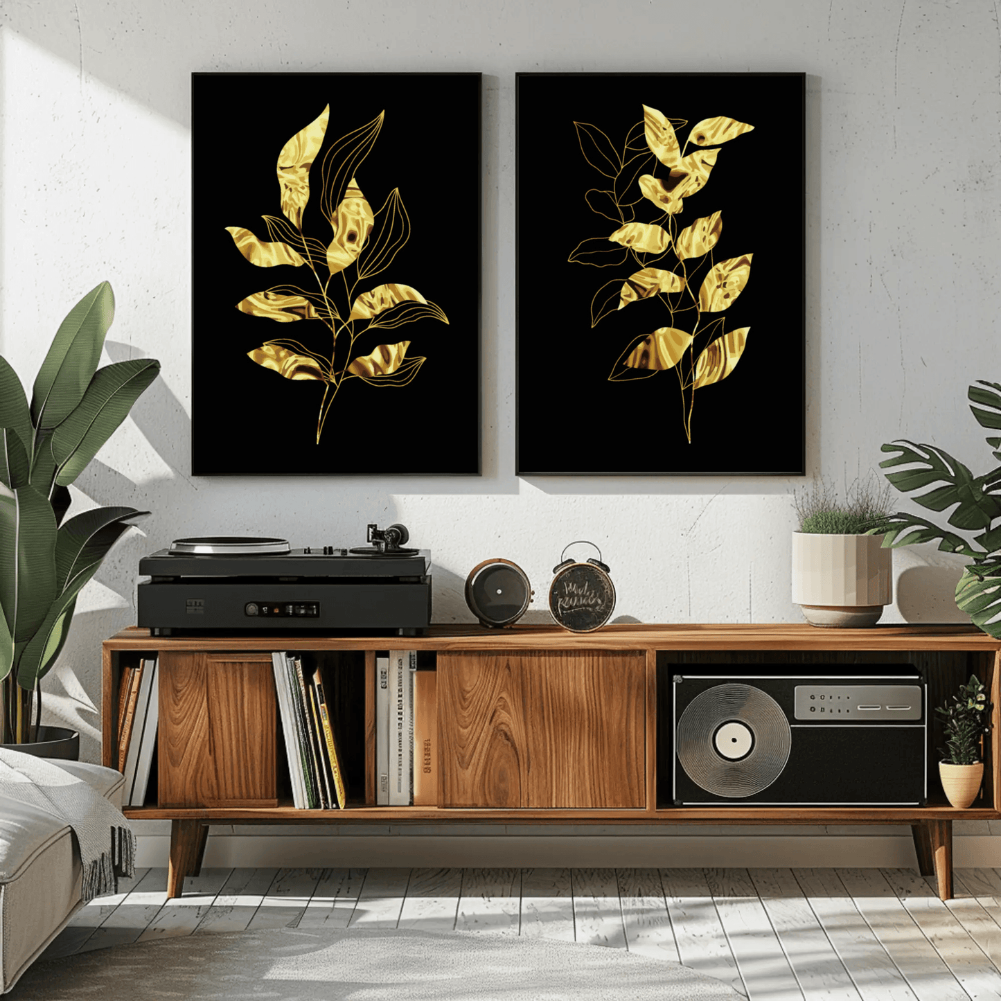 Black and Metallic Gold Foliage Minimalist Wall Decor- Set of 2