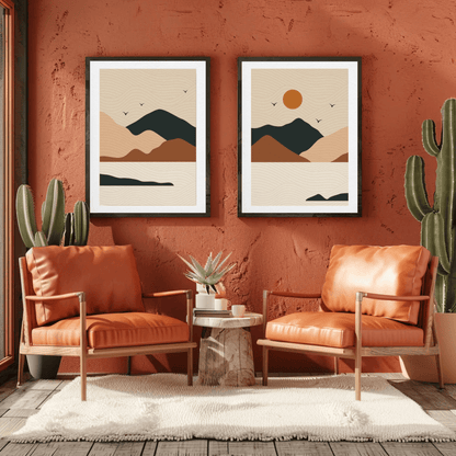 Serene Mountain River Sunrise Wall Art- Set of 2