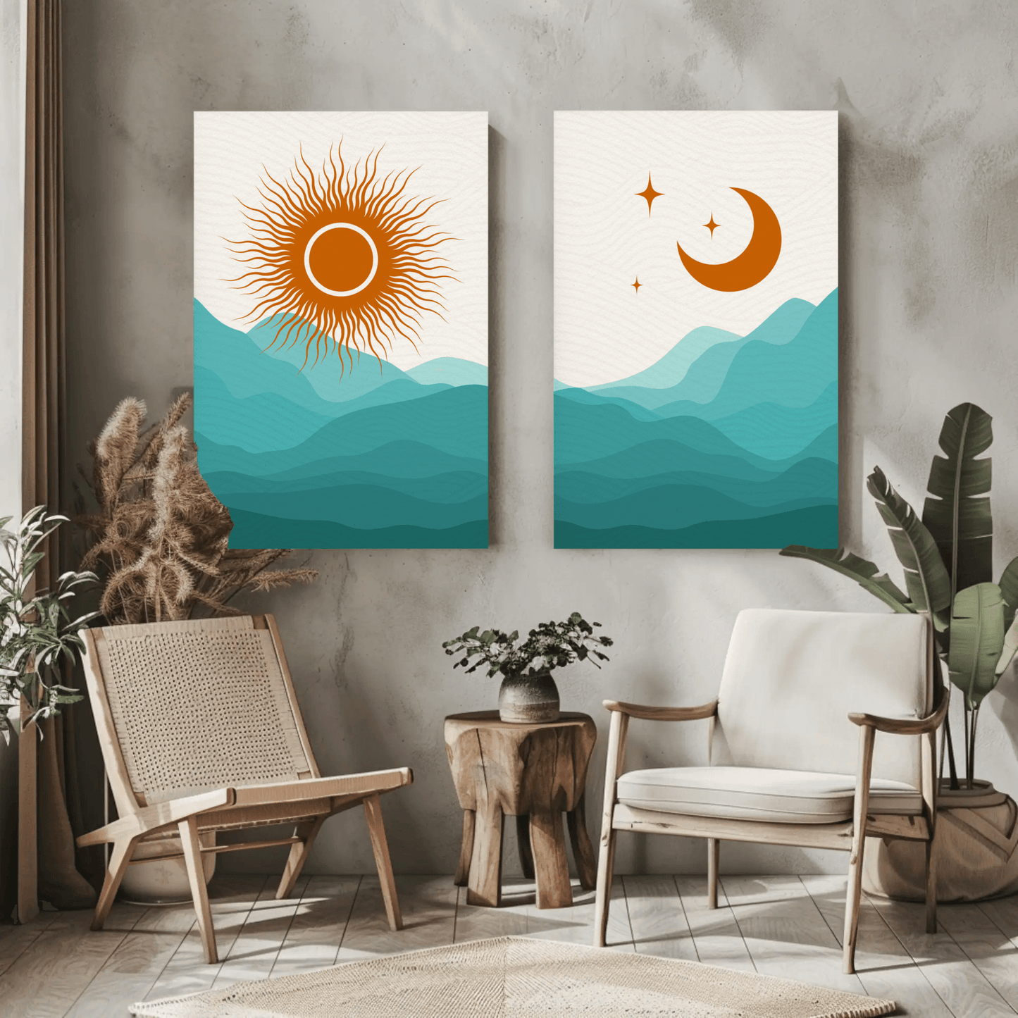 Beaming Sun and Moon Rise Landscape Wall Art- Set of 2