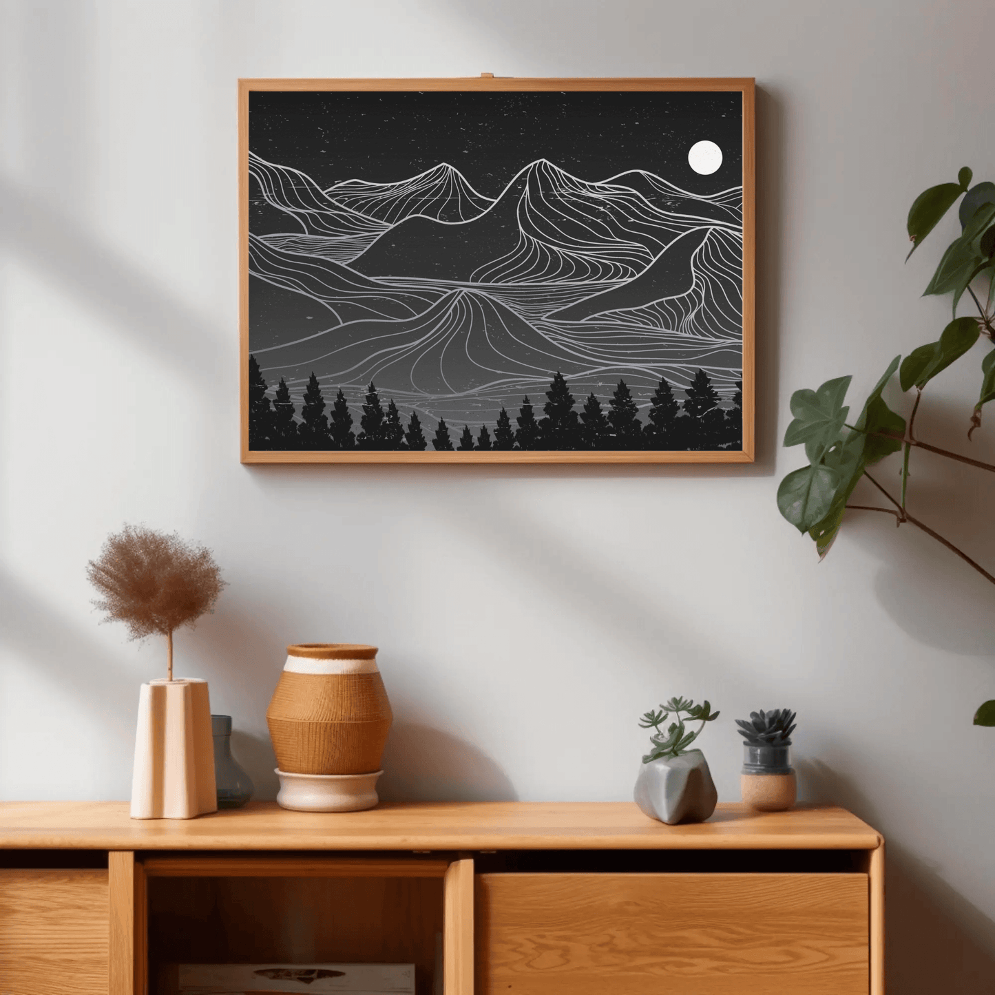 Mountain Range Black and White Line Art Wall Art