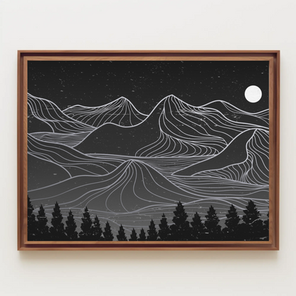 Mountain Range Black and White Line Art Wall Art