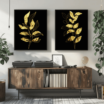 Black and Metallic Gold Foliage Minimalist Wall Decor- Set of 2