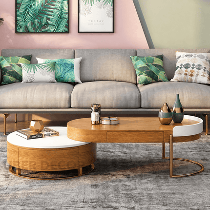 Churchill River Modern European Wooden Center Table with Storage and Gold Accents for Living Room