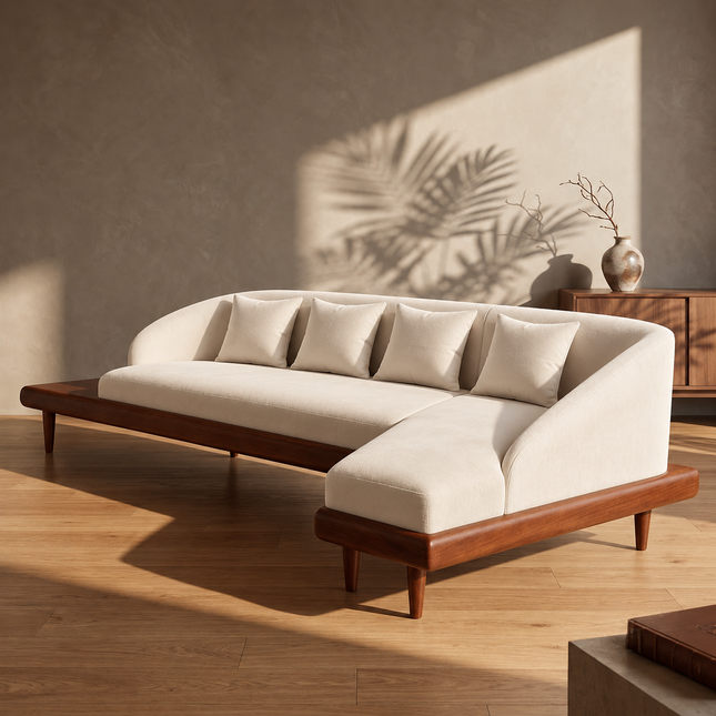 Dallas 4- Seater Modern Sectional Sofa – In Stock Off-White Suede Velvet Couch with Wooden Base & Chaise