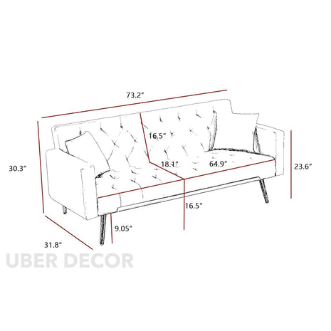 Lisbon 71" Futon Sofa- Modern Tufted Convertible Futon Couch with 3 Adjustable Backrest & and Gold Metal Legs - Uber Decor