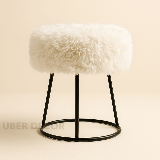 Plush Dream Modern Faux Fur Cushioned Round Stool with Metal Base- Makeup Dressing Chair