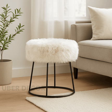 Plush Dream Modern Faux Fur Cushioned Round Stool with Metal Base- Makeup Dressing Chair