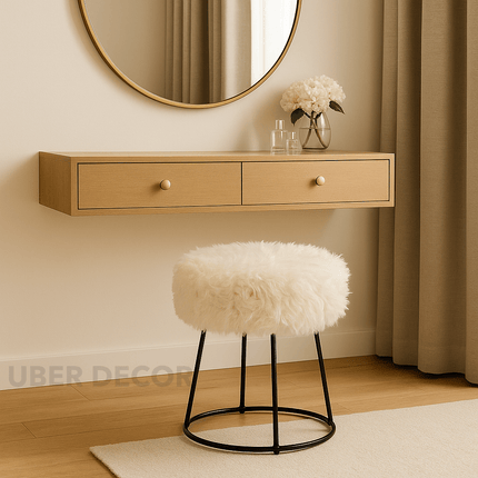Plush Dream Modern Faux Fur Cushioned Round Stool with Metal Base- Makeup Dressing Chair