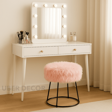 Plush Dream Modern Faux Fur Cushioned Round Stool with Metal Base- Makeup Dressing Chair