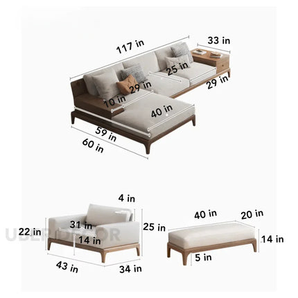 Monaco Japandi Modern Sectional Sofa Couch with Lounger for Living Room &Lounges