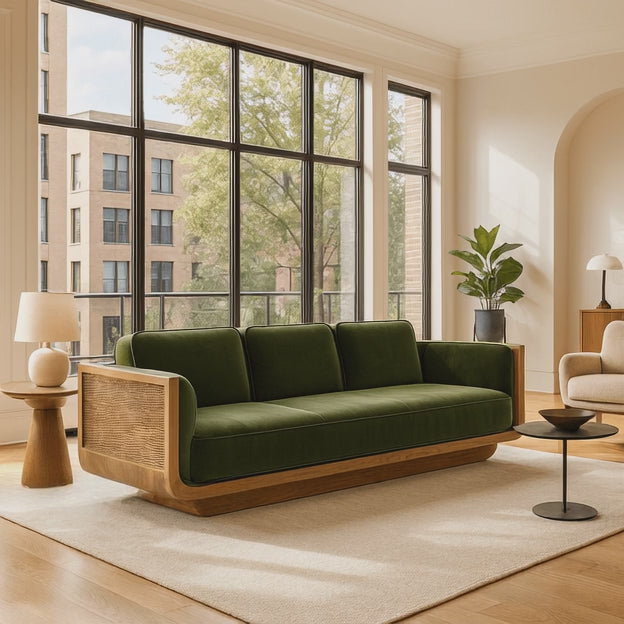 Hanoi Modern 3-Seater Wooden Sofa Luxury Couch with Woven Side Panels for Living Room