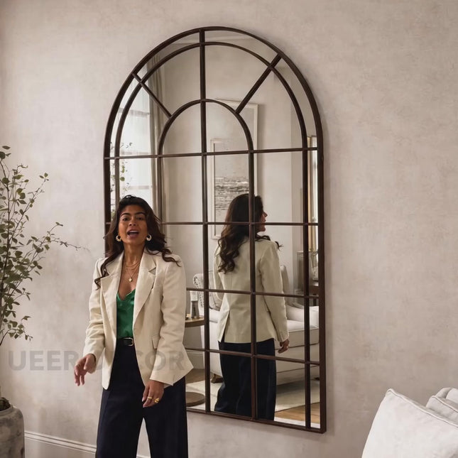ArcVista Iron Window Pane Mirror | Simple Modern Arched Mirror with Metal Frame | Versatile Wall & Floor Placement