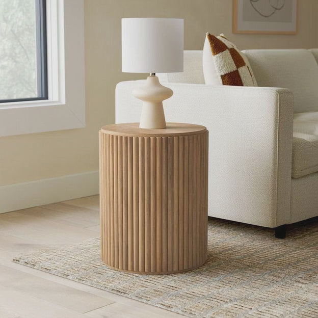 The Naya Column – Custom Fluted Cylindrical Wooden Storage Side Table in Modern Scandinavian Style for Living Room or Bedroom