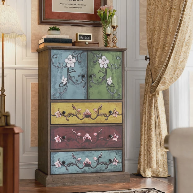 Bloomwood Vintage Hand-Painted Floral Cabinet – Boho Chic Tall Storage Dresser for Living Room, Bedroom, or Hallway