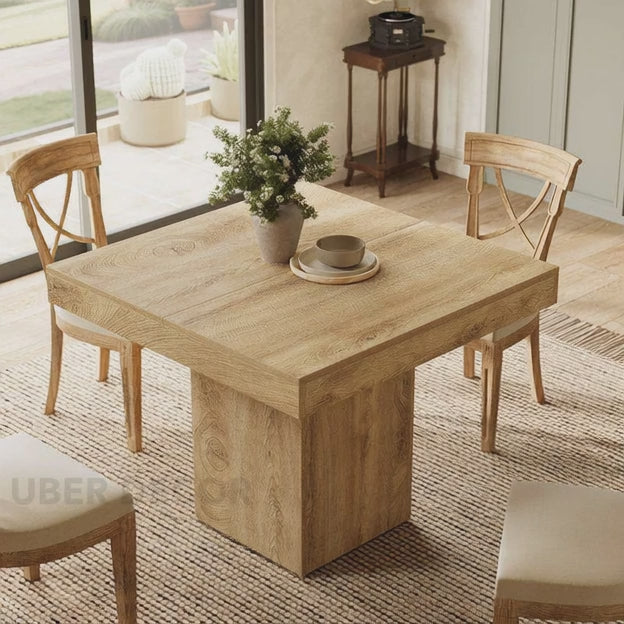 Liron Axis Solid Wood Dining Table in Natural Wood Finish with Central Pedestal Base and Square Top for Modern and Compact Interiors