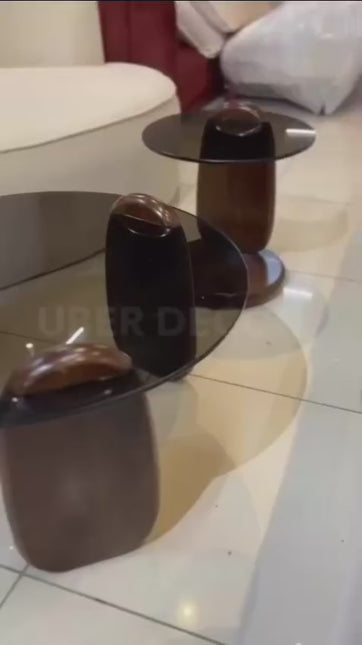 Ganges Prism Mid Century Modern Round Glass Coffee Table with Tempered Glass Top and Oak Wood Legs for Home Office and Cafe