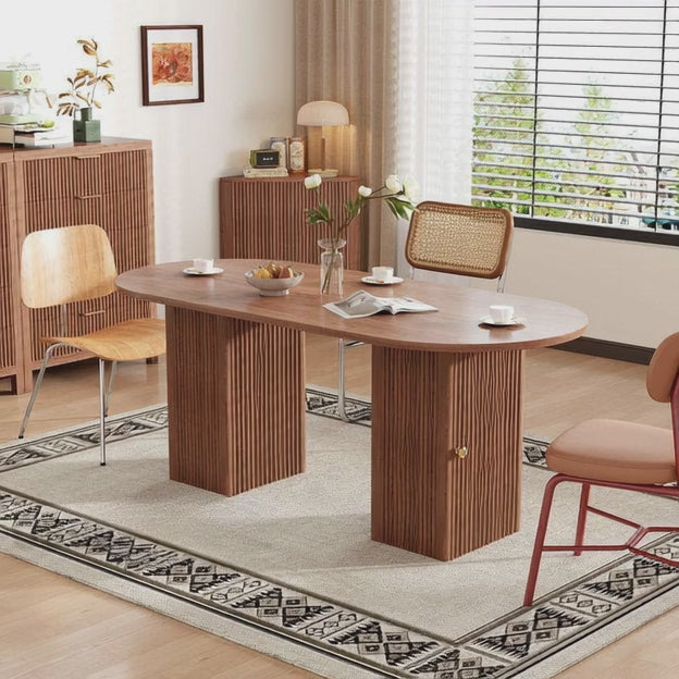 Elmspire Oval Dining Table Scandinavian Japandi Inspired Mid Century Modern Design Solid Wood Fluted Pedestal Base Ideal for Dining Room