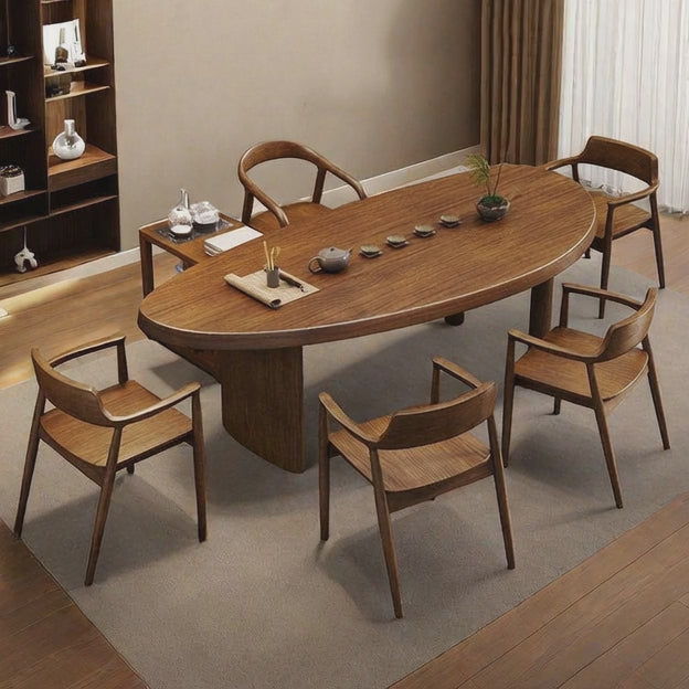 Amberhaven Wooden Dining Table Mid Century Modern Scandinavian Japandi Design Solid Wood Finish Pedestal Base Dining Table for Dining Room