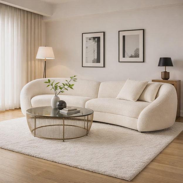 Linz Curved Sofa Couch Japandi Wabi Sabi Modern Minimalist Luxury Furniture for Lounge, Suite, and Studio