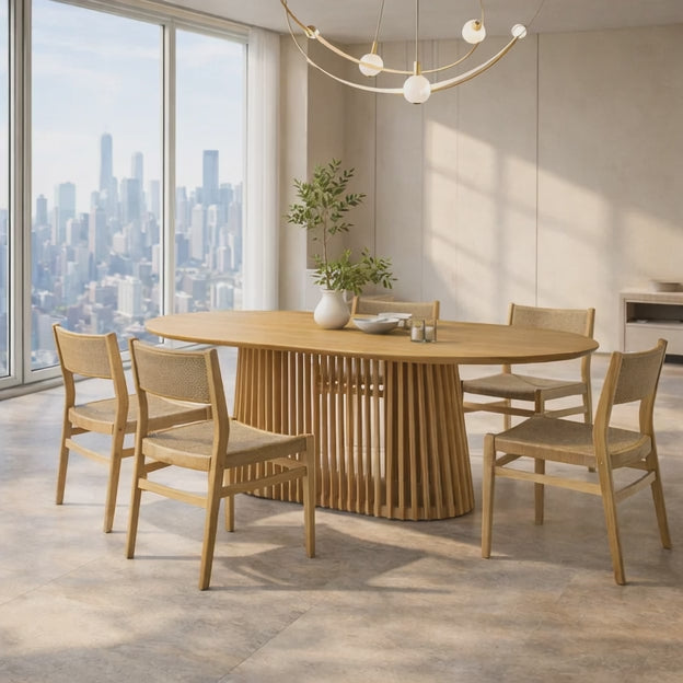 Kael Dining Table Japandi Scandinavian Design with Slatted Wooden Pedestal Base and Oval Top for Dining Room