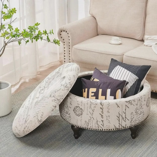 VelvetTuft- Tufted Velvet Plushy Round Storage Ottoman - Upholstered with Button Tufting & Removable Lid, Wood Legs