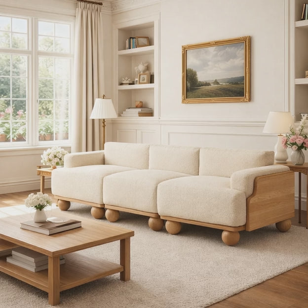 Medford 3-Seater Sculptural Sofa Modern Wooden Base Couch with Oversized Sphere Legs