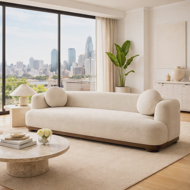 Shiraz 3-Seater Modern Sofa Sculptural Minimalist Couch with Round Accent Cushions