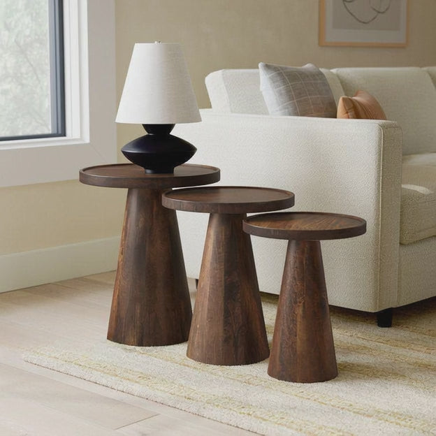 Nordhaven Nesting Trio – Custom Wooden Conical Base Side Tables for Living Room