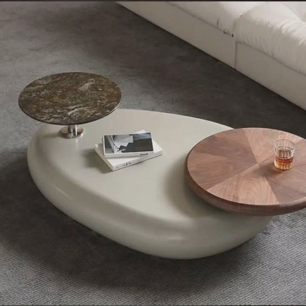 Meuse Modern Sculptural Organic Dual Surface Center Table Wood and Stone Tops for Living Room