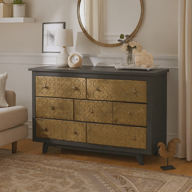 Lume Brasswave Mid Century Indian Solid Wood Chest – Charcoal Finish, Hand-Carved Brass, 7-Drawer Storage