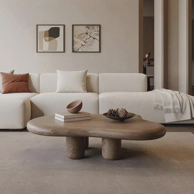 Ebro Drift Organic Mid Century Modern Japandi Coffee Table Solid Wood Top Cylinder Legs Custom Finish Center Table for Living Room