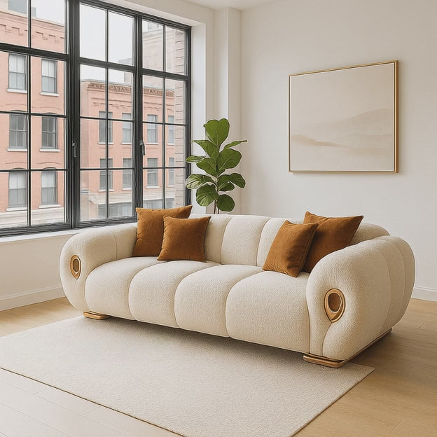 Marrakesh Rolled-Arm Sofa Modern Japandi Luxury Couch with Golden Accents