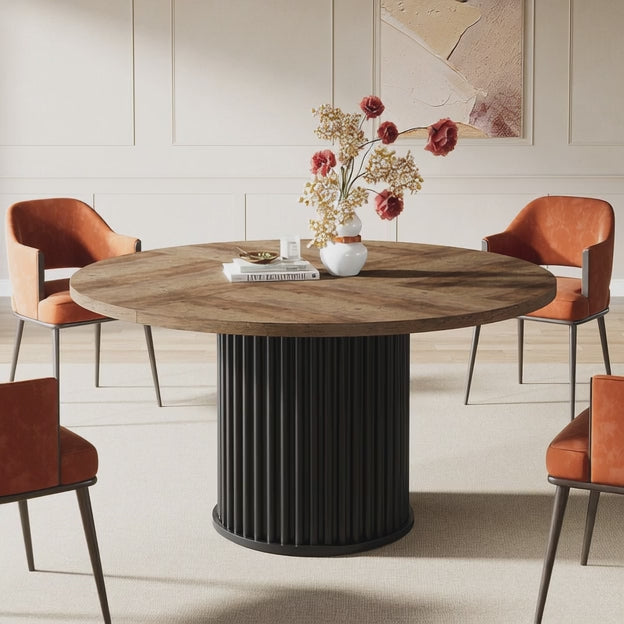 Ravon Dining Table Fluted Pedestal Design Mid Century Modern Contemporary Inspired Solid Wood Top Dining Table for Dining Room