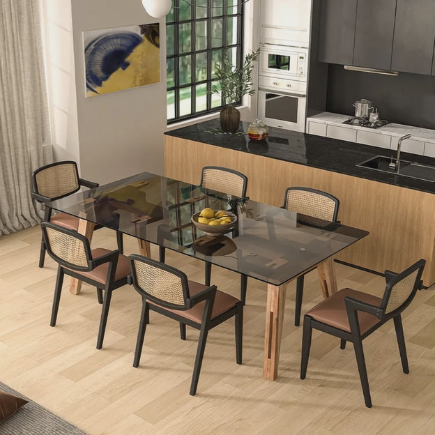 Clarion Dining Table with Black Glass Tabletop and Solid Wood Legs Inspired by Modern European Design for Elegant Dining Spaces