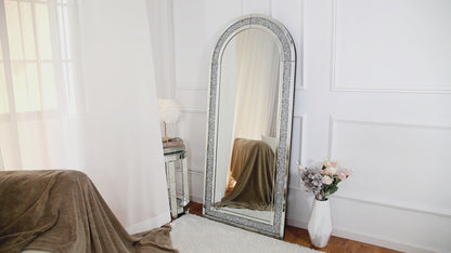 Zeus's Elegance: Full Length Arched Floor Standing Crushed Glass Crystal Mirror for Bedroom or Living Room