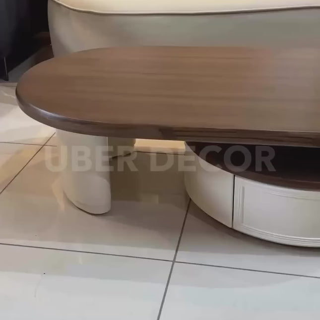 Aldan Dual Layer Mid Century Modern Contemporary Coffee Table with Solid Wood Top Cylindrical Base Matte Finish for Reception Area