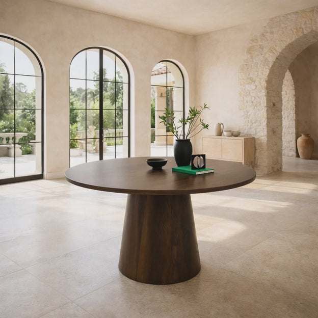 Brindlewood Round Dining Table Mid Century Modern Scandinavian Japandi Design Solid Wood Finish Pedestal Base Dining Table for Dining Room