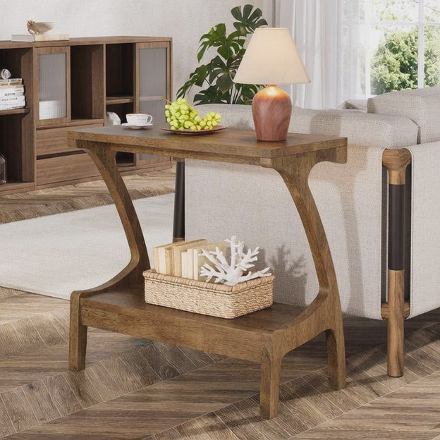 Nara Arc Sofa Side Table Solid Wood Japandi Modern Accent with Storage Shelf for Living Room
