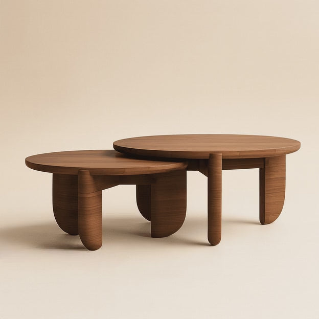 Ob Sculptural Mid Century Japandi Coffee Table with Organic Round Solid Wood Top and Cylindrical Legs for Living Room