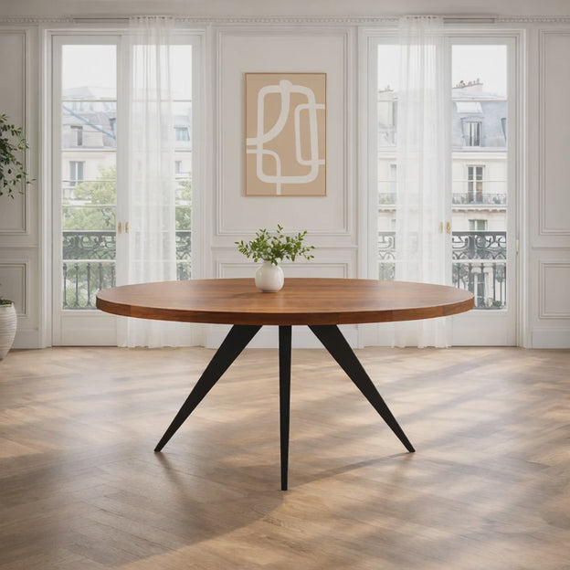 Oakspire Round Dining Table Industrial Mid Century Modern Scandinavian Design Solid Wood Top Black Metal Spider Legs Dining Table for Dining Room